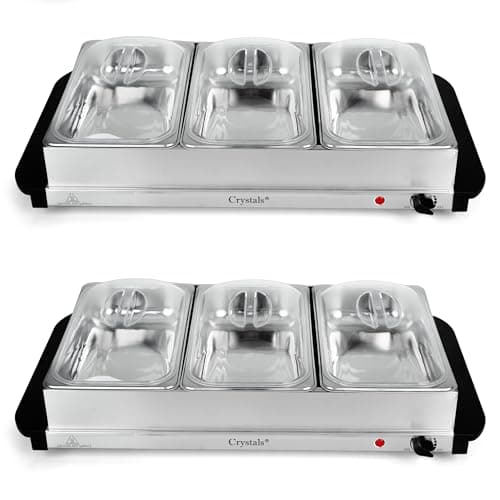 Image of Crystals 3 Pan Buffet Server Food Warmer, 3 x 2.5 Litre Pans, 300 W, Adjustable Temperature, Food Warmer, Dual Function Hot Plate, Portable Steam Table - Catering Serving Tray (2)