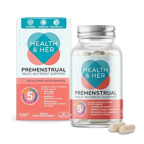 Image of Health & Her Premenstrual Supplements for Women - with Ashwagandha, Flaxseed and Ginger Root - 1 Month Supply, 60 Capsules - Vegan & Gluten Free