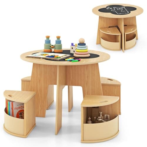 Image of Maxmass Kids Table and Chairs Set, 5 Pieces Children Activity Tables with 4 Stools, Chalkboard Tabletop, Nursery Kindergarten Toddler Play Table Activity Desk for Drawing Reading Learning