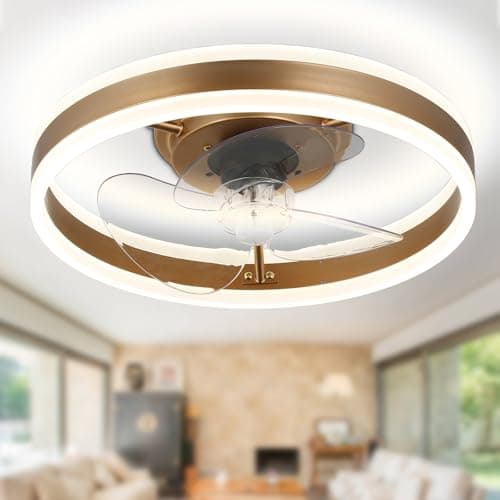 Image of diisunbihuo Gold Flush Mount Ceiling Fan with Light, 40cm Low Profile LED Ceiling Fan, Dimmable 2×24W LED, 20W DC Motor 6 Speed Reversible, Modern Ceiling Fan Light for Bedroom Living Room