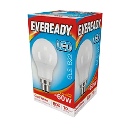 Image of Eveready LED GLS Light Bulb Lamp BC B22 Push in Cool White 9.6w = 60w 820 Lumens Pack of 10