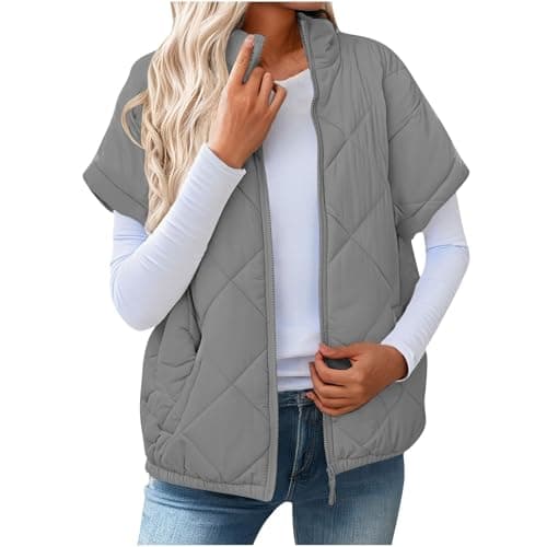 Image of Saxrel Ladies Stand Collar Quilted Puffer Jacket Gray Winter Coat UK Short Sleeve Padded Zipper Pocket Outdoor Sports Outerwear