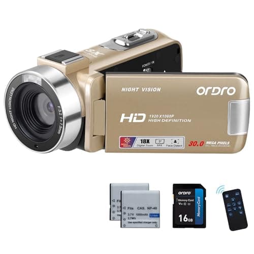 Image of ORDRO Full HD 1080P 30MP Camcorder 18X Digital Zoom IR Night Vision YouTube Video Camera 3.0" 270° Rotating Screen with 16GB Card & 2 Batteries Vlogging Camera (Gold)