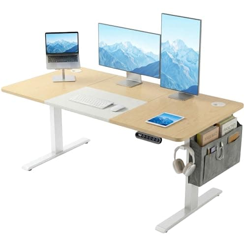 Image of Blisswood Electric Standing Desk Height Adjustable 140 × 60cm, Sit Stand Up Computer Desk with Memory Smart Panel, Splice Board PC Gaming Metal Frame with Storage Pocket, Home Office Furniture_Brown