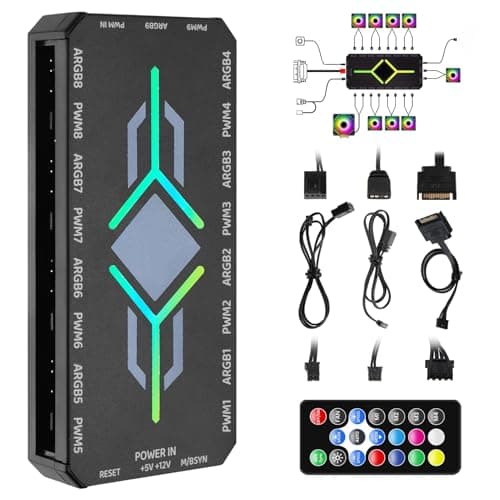 Image of Lyai 2-in-1 ARGB PWM Fan Hub with Controller, 9 Ports 4-Pin PWM Fan Connector, 9 x 5V 3-Pin ARGB Controller, RGB Fans Hub for PC Case with Magnetic Base SATA Power Remote, Adjustable Speed