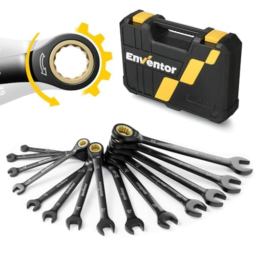 Image of Enventor 14PCS Ratchet Spanner Set - Metric, 6-19mm Ratcheting Combination Spanner Sets with Carry Case, 72-Teeth, 5° Swing Arc, Chrome Vanadium Steel, Electrophoretic Black Coating