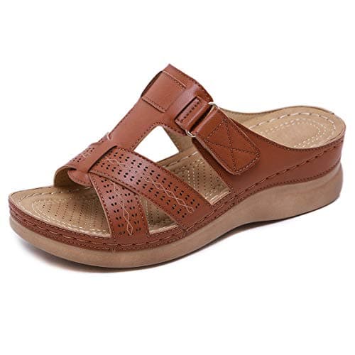 Image of ZAPZEAL Ladies Sandals Wedge Heel Open Toe Flip Flops for Summer Causal Daily Wear with Adjustable Buckle Size 5-12 UK (Brown, Adult, Women, 7, Numeric, UK Footwear Size System, Medium)