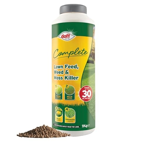 Image of Doff Complete Lawn Feed, Weed & Moss Killer – 1kg Triple-Action Lawn Feed Treatment for Gardens – Condition & Thicken Lawns, Control Weeds & Moss, Promotes Greener Grass Year-Round