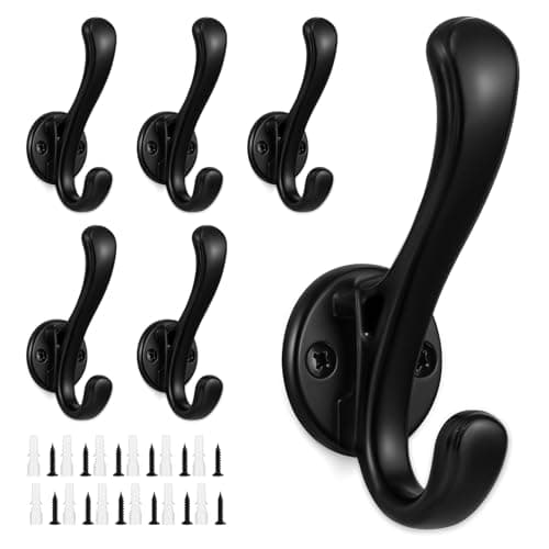Image of Dntorx 6 Pack Towel Hooks, Heavy Duty Coat Hooks Wall Mounted Metal Double Hook Bathroom Wall Hooks for Hanging Coats Towel Robe Clothes