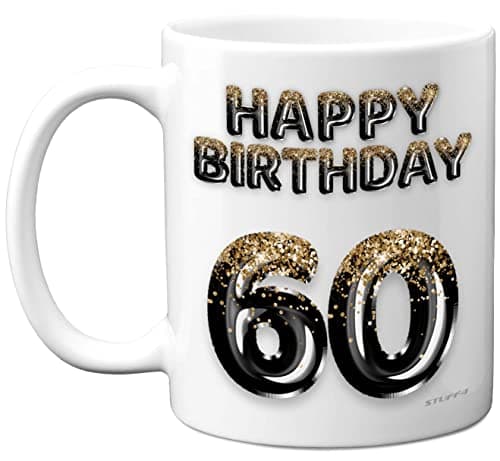 Image of Stuff4 60th Birthday Gift for Men - Black Gold Glitter Balloons - Happy Birthday Mug Present for 60 Year Old Dad Brother Grandad Uncle Friend, 11oz Ceramic Dishwasher Safe Coffee Mugs Cup