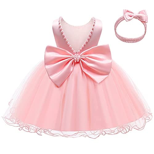 Image of LZH Baby Girls Ruffle lace Backless with Headwear,Christening Dresses for Baby Girl Party Dress,Toddlers Pageant Dresses