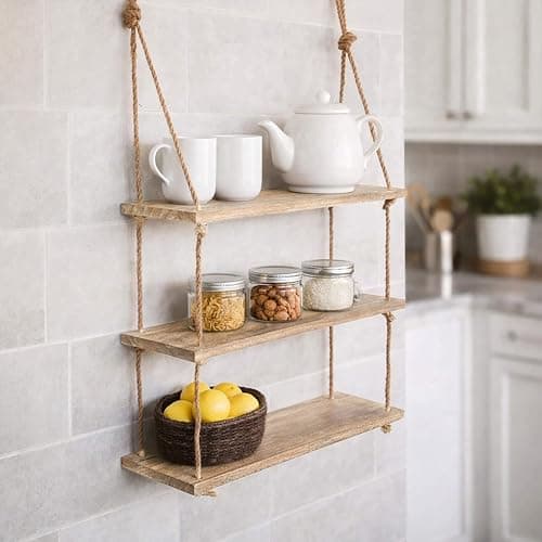 Image of Garden Mile Rustic Rectangular 3 Tier Wooden Rope Shelves - Vintage Storage Shabby Chic Style Wall Mounted Floating Shelf - Decorative Shelves for Hallway, Kitchen, Bedroom, Living Room Decor