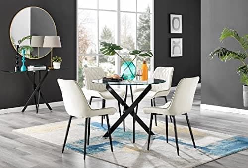 Image of Furniturebox UK Dining Set - Novara Black Leg Round Glass Dining Table & 4 Cream Pesaro Black Leg Chairs