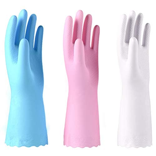 Image of Alimat PluS 3 Pack Reusable Cleaning Gloves Latex Free - Dishwashing Gloves with Cotton Flock Liner and Embossed Palm - Waterproof Household Gloves for Laundry, Gardening (Medium)