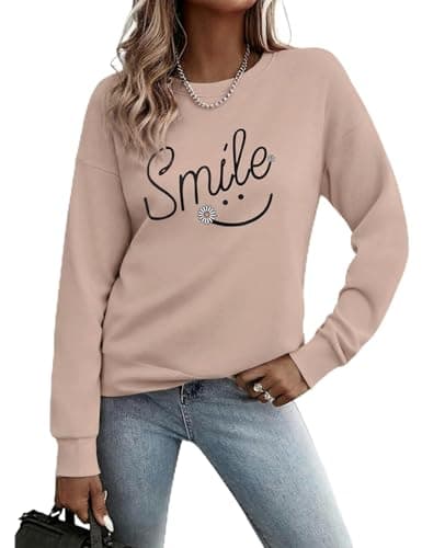 Image of Gyabnw Sweatshirts for Women UK Lightweight Long Sleeve Tops Crew Neck Smile Print Casual Versatile Khaki