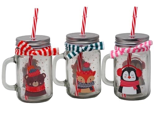 Image of Blue Whale Gifts Christmas Mason Jar Drinking Glasses Lid & Straw - Festive Animals - Set of 3