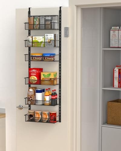 Image of VyGrow 12.3" W Over The Door Storage, 6-Tier Narrow Over the Door Pantry Organiser with Adjustable Basket, Pantry Kitchen Storage Room Spice Rack, Black