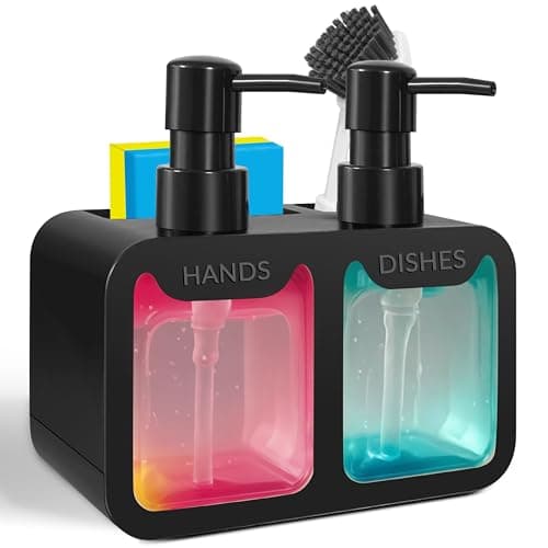 Image of 4-in-1 Kitchen Soap Dispenser Set - Dual Hand & Dish Soap Dispenser with Sponge Caddy & Brush Holder - Kitchen Sink Organizer for Countertop (Black)