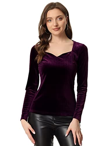 Image of Allegra K Velvet Tops for Women's Christmas Long Sleeves Sweetheart Neck Blouse Large Purple
