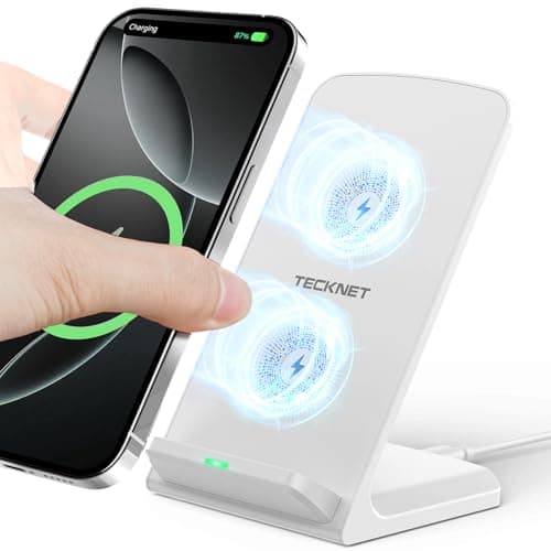 Image of TECKNET Wireless Charger,15W Fast Phone Charger Qi Certified, Charger Stand with Two Charging Coils, Compatible with iPhone 17/16/15/14/13/12 Series,Samsung S23 S22 Series, other Qi-Enabled Phones.