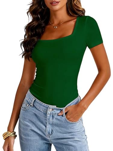 Image of SHAPERIN Women Summer Tshirt Square Neck Short Sleeve Tops Elegant Casual Ribbed Blouse Slim fit Tee Shirt, Green, M