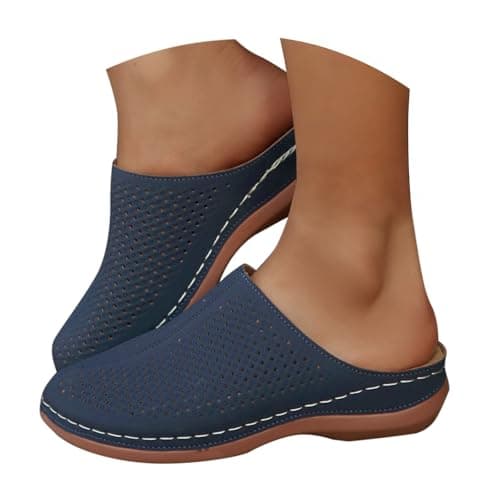 Image of Leather Clogs for Women Uk with Arch Support Orthopedic Sliders Mule Cushioned Insole Walking Low Wedge Closed Toe Shoes Summer Slip on Backless Wide Fit Ladies Soft Anti Slip Hollow Out Sandal