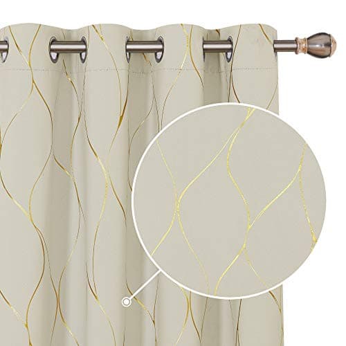 Image of Deconovo Home Decoration Eyelet Room Darkening Curtains, Gold Wave Foil Printed Energy Saving Curtains for Living Room, 52 x 72 Inch (Width x Length), Beige, One Pair
