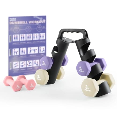 Image of PhysKcal Dumbbells Set of 6 with Portable Stand, 2 x 1kg, 2 x 2kg, 2 x 3kg, Hand Weights Set with Rack for Body Toning, Cardio, Strength Training at Home