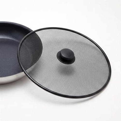 Image of GEEZY Splatter Screen for Frying Pan 29cm - Prevents Hot Grease Skin Burns, Fine Mesh Steel Lid, Central Handle, Steam Release - Splatter Guard for Cooking Meat, Keeping Stoves Clean