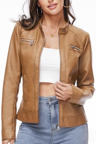Image of Fahsyee Women's Faux Leather Jackets, Zip Up Motorcycle Short PU Moto Biker Outwear Fitted Slim Coat Size L Camel