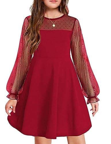 Image of Arshiner Girls Long Sleeve Dress Princess Festive Party Birthday Dress Children Teen Dress Burgundy red 140 9-10 Years