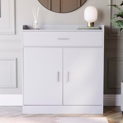 Image of Vida Designs Dalby Shoe Cabinet, Wooden Shoe Storage Unit with 2 Doors & 1 Drawer, Multifunctional Dust-Proof Space-Saving Cupboard for Hallway or Entryway (White)