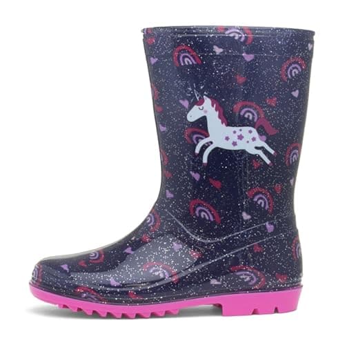 Image of Shoe Zone - Girls Blue Glitter Unicorn & Rainbows Welly - Size 10 Child UK - Blue