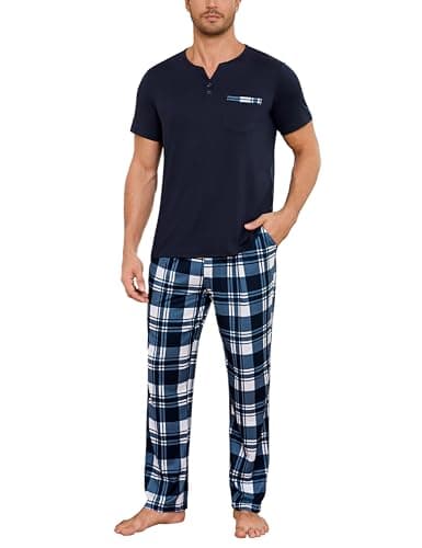 Image of Bresdk Mens Pjs Sets Soft Cotton Pyjamas Set Short Sleeve T-Shirt with Check Pants Loungewear Nightwear Midnight blue L