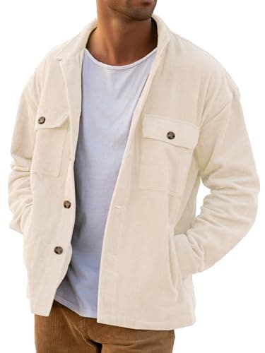 Image of PLEPAN Men's Corduroy Shacket Button Down Long Sleeve Casual Work Shirts Jacket with Pockets, Beige, S