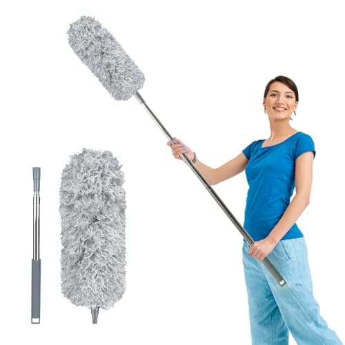 Image of Fogray Extendable Feather Duster, Bendable Microfiber Long Handled with Extra Telescopic Extending Pole and Soft Silicone Cap, Washable Duster for Cleaning Roof, High Ceiling Fan, Blinds, Cobweb