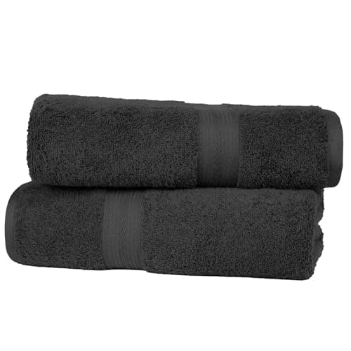 Image of Amazon Basics Towel Set, Fade Resistant 100% Cotton Bath Towels, soft and absorbent, 70x140 cm, Black, 2-Pack