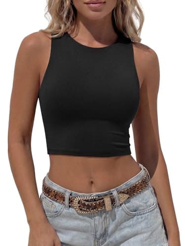 Image of REORIA Women Sexy Sleeveless Racer Back Tank Tops Halter Neck Crop Tops Black X-Large