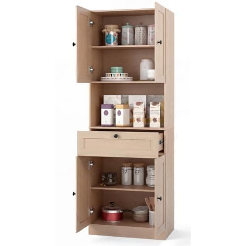 Image of GiantexUK Tall Kitchen Cupboard, 171.5cm Freestanding Pantry Cabinet with 4 Doors, Adjustable Shelves & 1 Drawer, Wooden Storage Cabinet for Kitchen Dining Living Room