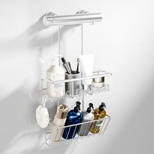 Image of HouseUp Shower Caddy - Hanging Shelf No Drilling 2-Tier, Bathroom Storage Basket, Shampoo Holder, Tidy Organizer, Rustproof, Silver