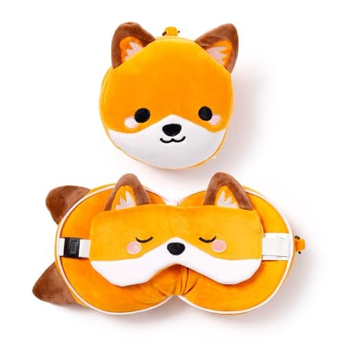 Image of Relaxeazzz Adoramals Finnick The Fox Round Plush Travel Pillow & Eye Mask - Sleep Eye Mask Masks - Kids Travel Accessories for Sleeping Airplane - Flight Plane Neck Pillow Pillows