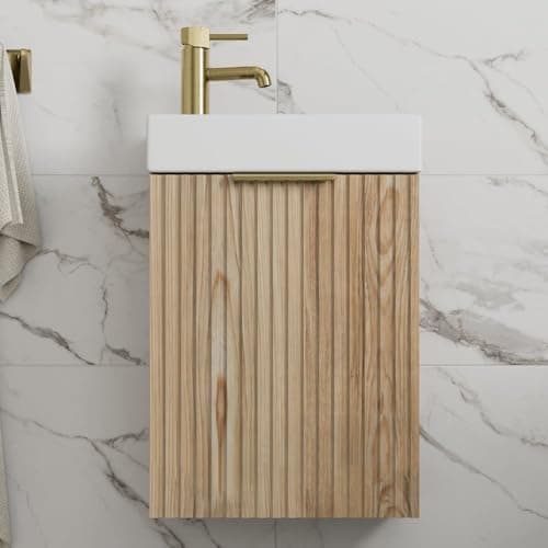 Image of BAYSTONE Fluted 400mm Bathroom Vanity Unit White Ceramic Basin Sink, Cloakroom Storage Furniture Cabinet Wall Hung Cupboard Soft Close, Brushed Brass Handle, Oak