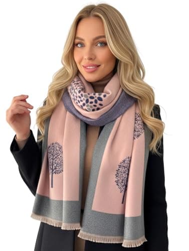 Image of Cashmere Tree Life Blanket Scarf - Reversible, Warm Pashmina Shawl, Women's Winter Scarf, Tree of Life Print, Long Wrap, Womens Gift (Pink)