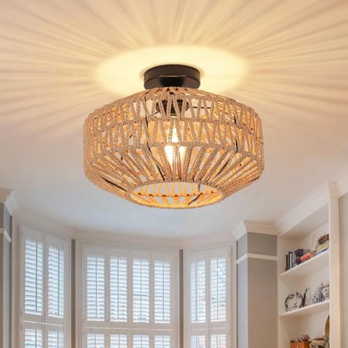 Image of Toolight Rattan Ceiling Light E27, Retro Hand-Woven Rattan Chandelier Lamp, Bohemian Pendant Boho Ceiling Light for Living Room Bedroom Kitchen Hallway Entryway