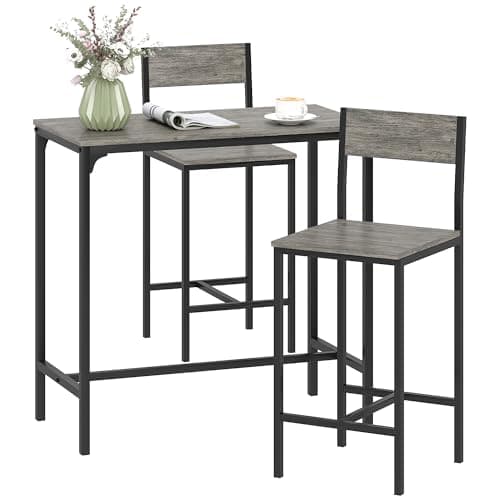 Image of HOMCOM 3-Piece Bar Table and Stools Set, Industrial Breakfast Bar Set with Footrest, Backrest, Metal Frame, Kitchen Table and 2 Chairs for Dining Room, Small Space, Charcoal Grey