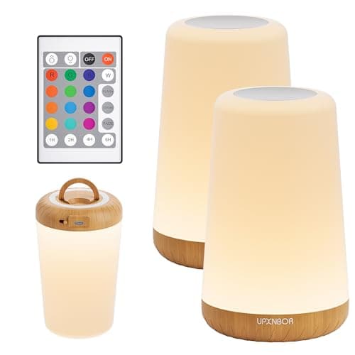 Image of UPXNBOR Night Light, LED Touch Bedside Table Lamp with Remote Control Dimmable Light, 13 RGB Colours and 5 Brightness Levels, Timer, Hook, USB Rechargeable, Portable Lamp for Bedroom, Living Room 2PCS