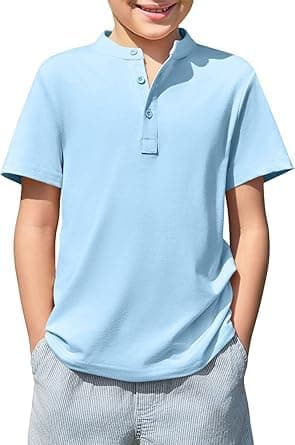 Image of Haloumoning Boys' T-Shirt Short Sleeve Round Neck Henley Shirt Kids Summer Plain Lightweight Button Placket Top Casual Basic Tees 5-14 Years, Blue, 13-14 Years