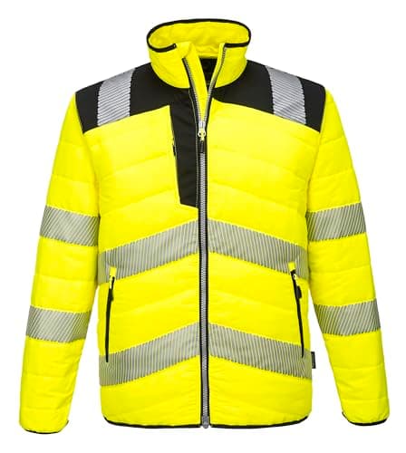 Image of Portwest PW371 PW3 Men's Hi-Vis Insulated Baffle Puffer Jacket - Water Resistant Lightweight Reflective High Viz Outdoor Waistcoat Safety Security Workwear, Yellow/Black, S