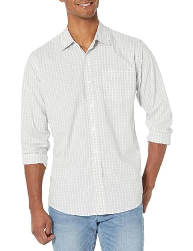 Image of Amazon Essentials Men's Regular-Fit Long-Sleeve Casual Poplin Shirt, Light Grey White Checked, XL