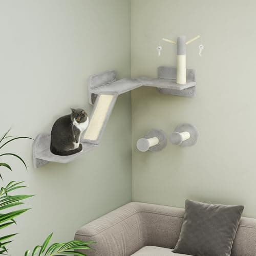 Image of PawHut Cat Wall Furniture, 3 Piece Cat Shelves with Scratching Posts, Scratching Pads, Perches, Wands, Toy Balls, Corner Design Kitty Wall Shelves for Indoor Kittens, Light Grey